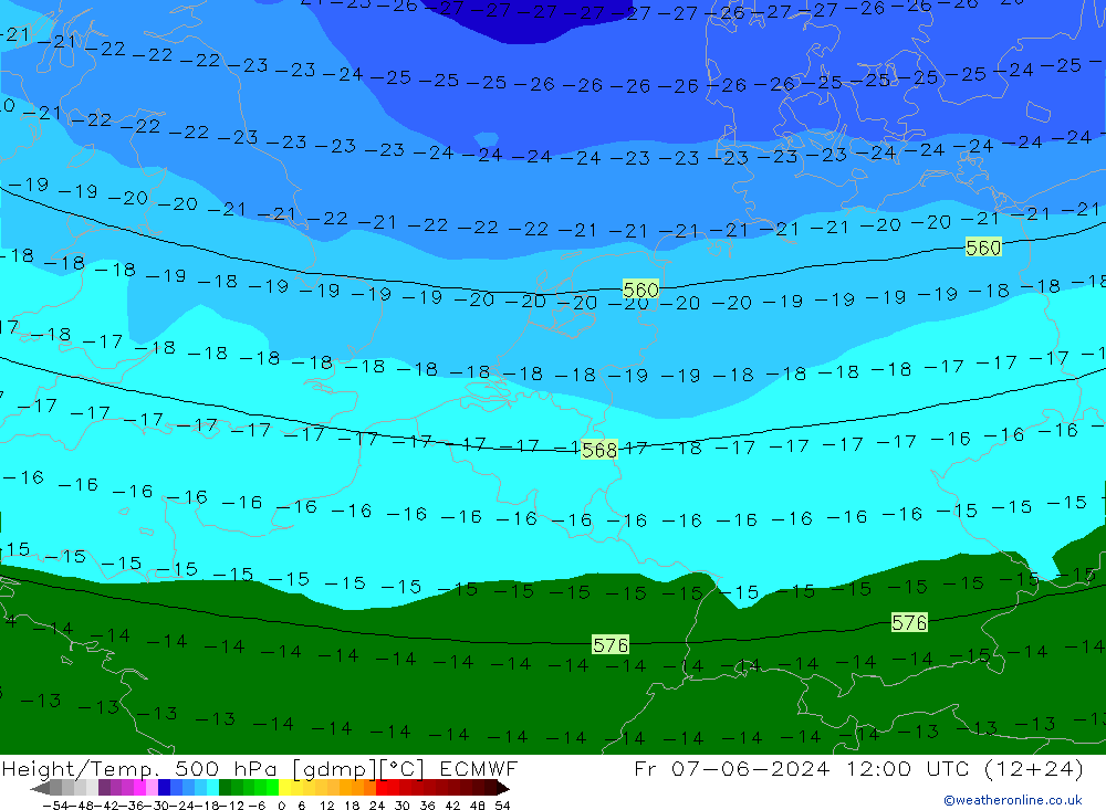 Hoogte/Temp. 500 hPa ECMWF vr 07.06.2024 12 UTC