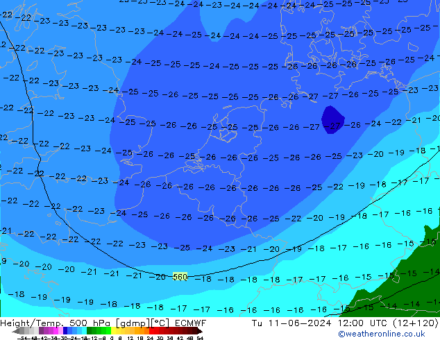 Z500/Rain (+SLP)/Z850 ECMWF вт 11.06.2024 12 UTC