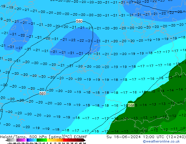 Height/Temp. 500 hPa ECMWF nie. 16.06.2024 12 UTC