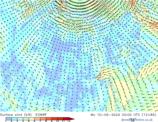 Surface wind (bft) ECMWF Po 10.06.2024 00 UTC