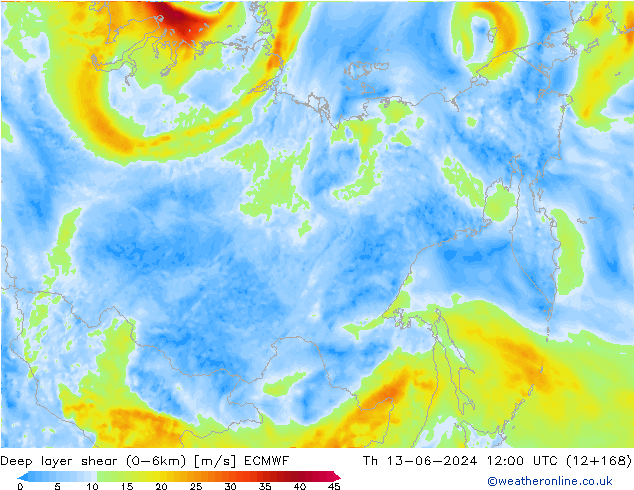 Deep layer shear (0-6km) ECMWF Čt 13.06.2024 12 UTC