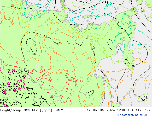 Height/Temp. 925 hPa ECMWF So 09.06.2024 12 UTC