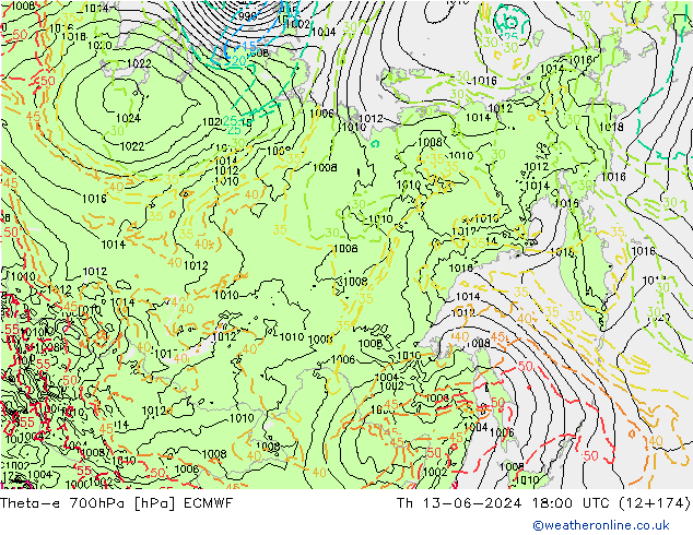 Theta-e 700hPa ECMWF jue 13.06.2024 18 UTC