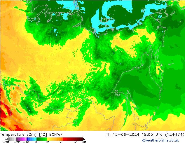 Temperature (2m) ECMWF Th 13.06.2024 18 UTC