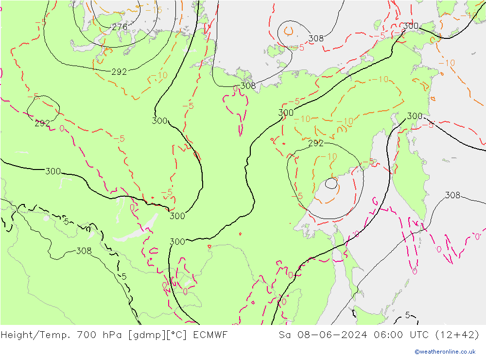 Geop./Temp. 700 hPa ECMWF sáb 08.06.2024 06 UTC