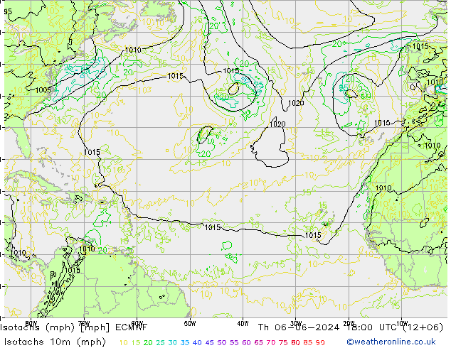 Isotachs (mph) ECMWF Čt 06.06.2024 18 UTC