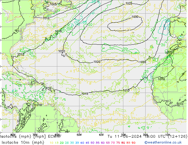 Eşrüzgar Hızları mph ECMWF Sa 11.06.2024 18 UTC