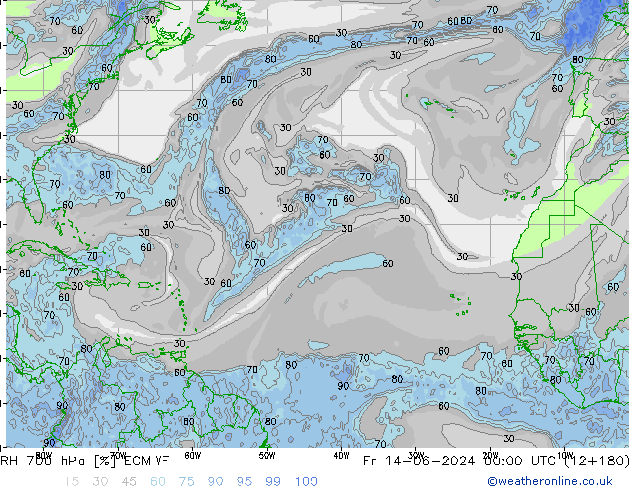Humidité rel. 700 hPa ECMWF ven 14.06.2024 00 UTC
