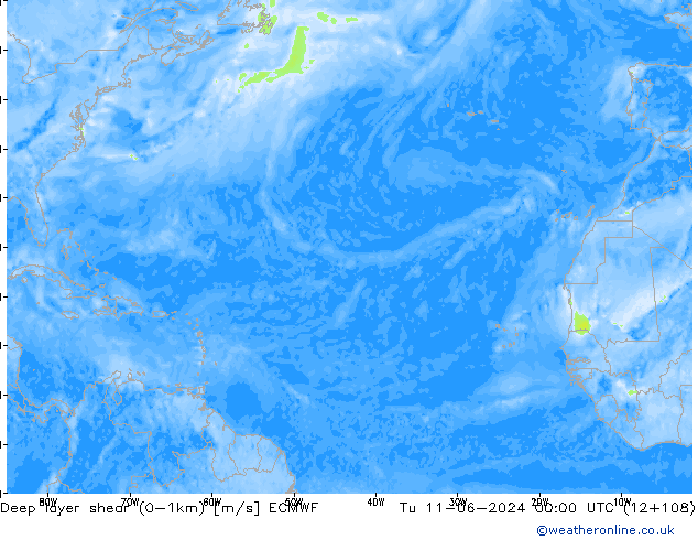 Deep layer shear (0-1km) ECMWF Sa 11.06.2024 00 UTC