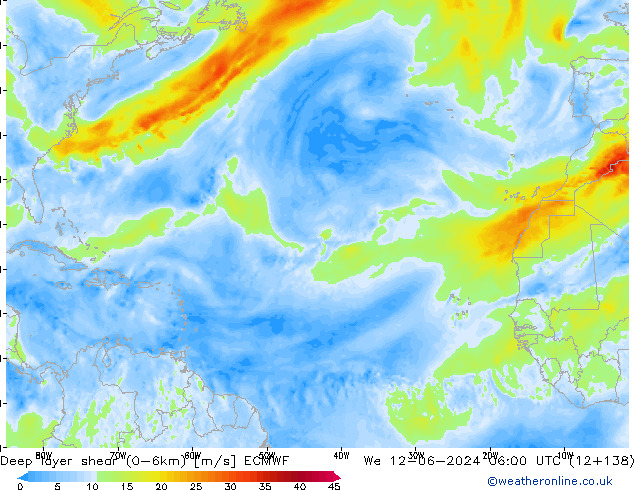 Deep layer shear (0-6km) ECMWF Çar 12.06.2024 06 UTC