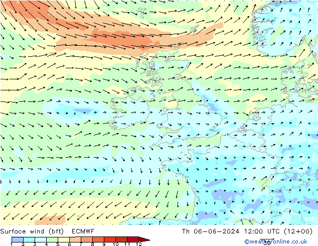 ве�Bе�@ 10 m (bft) ECMWF чт 06.06.2024 12 UTC