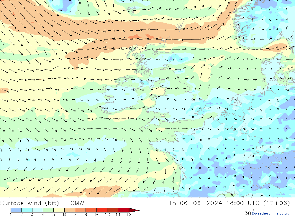 Surface wind (bft) ECMWF Th 06.06.2024 18 UTC