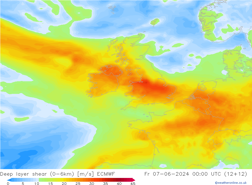 Deep layer shear (0-6km) ECMWF pt. 07.06.2024 00 UTC