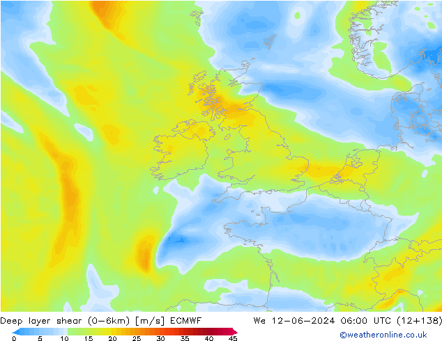 Deep layer shear (0-6km) ECMWF Çar 12.06.2024 06 UTC