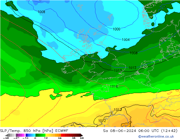 SLP/Temp. 850 hPa ECMWF za 08.06.2024 06 UTC