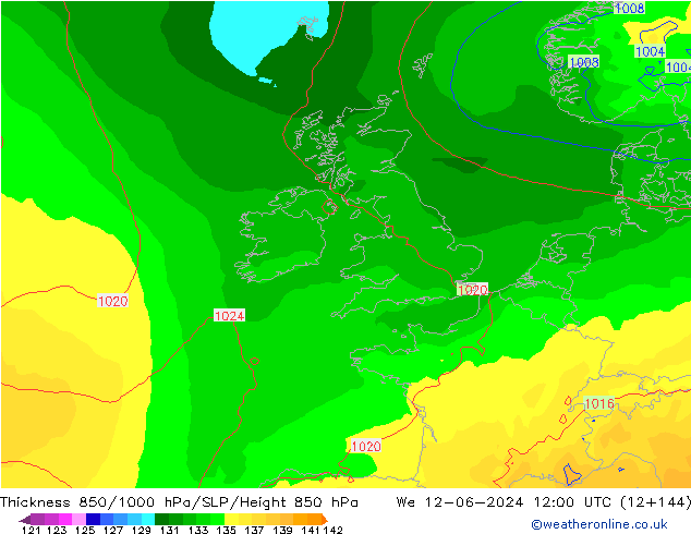 Thck 850-1000 гПа ECMWF ср 12.06.2024 12 UTC