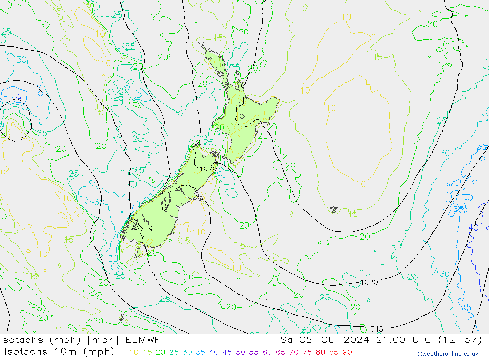 Isotaca (mph) ECMWF sáb 08.06.2024 21 UTC