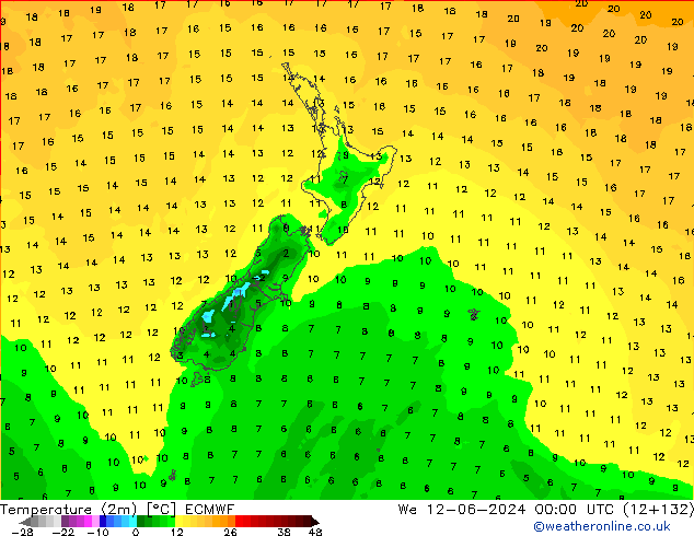 Temperature (2m) ECMWF We 12.06.2024 00 UTC