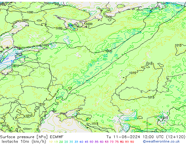 Isotachen (km/h) ECMWF di 11.06.2024 12 UTC