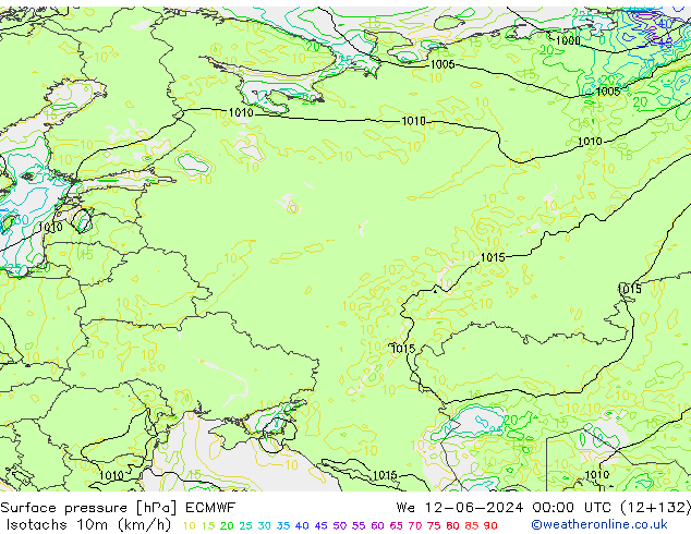 Izotacha (km/godz) ECMWF śro. 12.06.2024 00 UTC