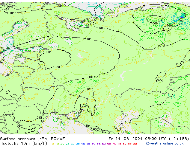 Isotachs (kph) ECMWF ven 14.06.2024 06 UTC