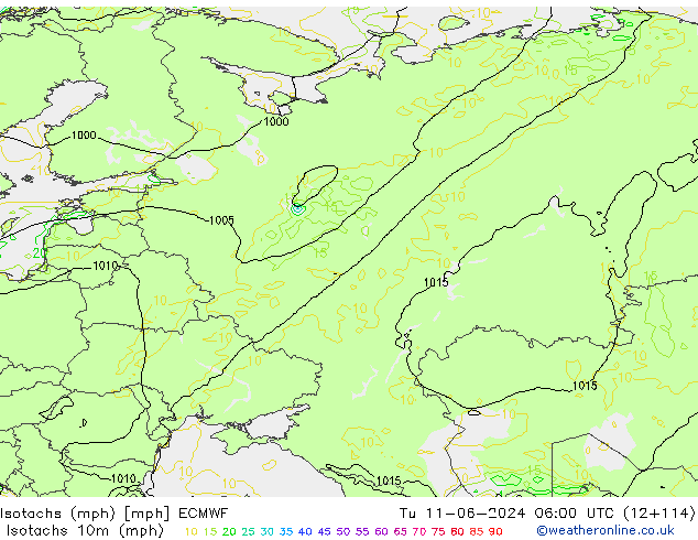 Isotachs (mph) ECMWF Út 11.06.2024 06 UTC