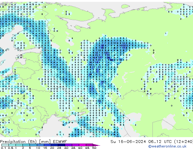 Precipitation (6h) ECMWF Su 16.06.2024 12 UTC