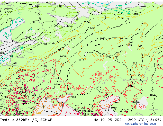 Theta-e 850hPa ECMWF Pzt 10.06.2024 12 UTC