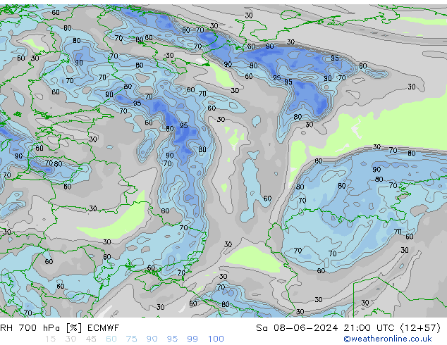 RH 700 гПа ECMWF сб 08.06.2024 21 UTC