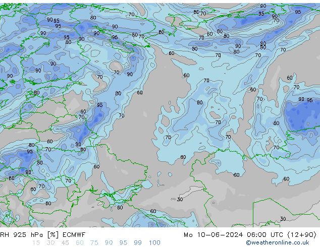 Humedad rel. 925hPa ECMWF lun 10.06.2024 06 UTC