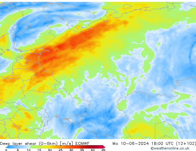 Deep layer shear (0-6km) ECMWF Pzt 10.06.2024 18 UTC