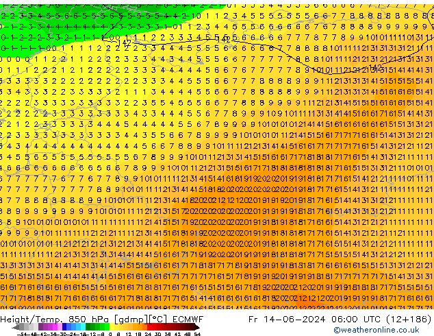 Geop./Temp. 850 hPa ECMWF vie 14.06.2024 06 UTC