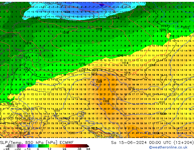 SLP/Temp. 850 гПа ECMWF сб 15.06.2024 00 UTC