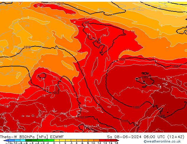 Theta-W 850hPa ECMWF za 08.06.2024 06 UTC