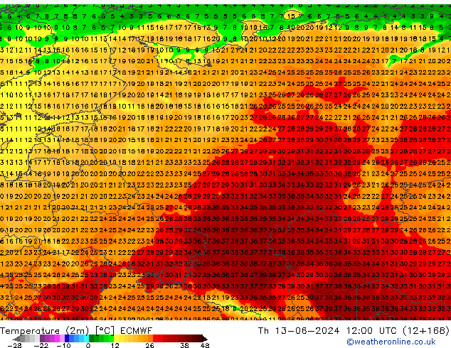 Temperature (2m) ECMWF Th 13.06.2024 12 UTC