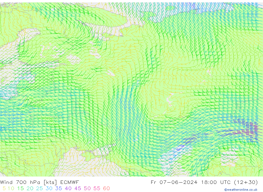 Rüzgar 700 hPa ECMWF Cu 07.06.2024 18 UTC