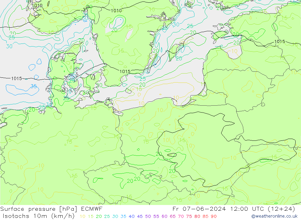 Isotachs (kph) ECMWF пт 07.06.2024 12 UTC