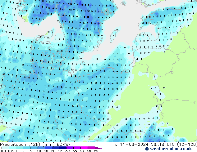 Precipitation (12h) ECMWF Tu 11.06.2024 18 UTC