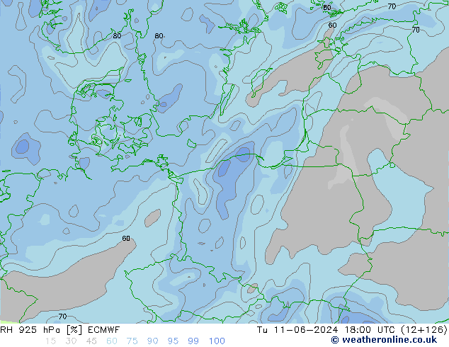 Humidité rel. 925 hPa ECMWF mar 11.06.2024 18 UTC