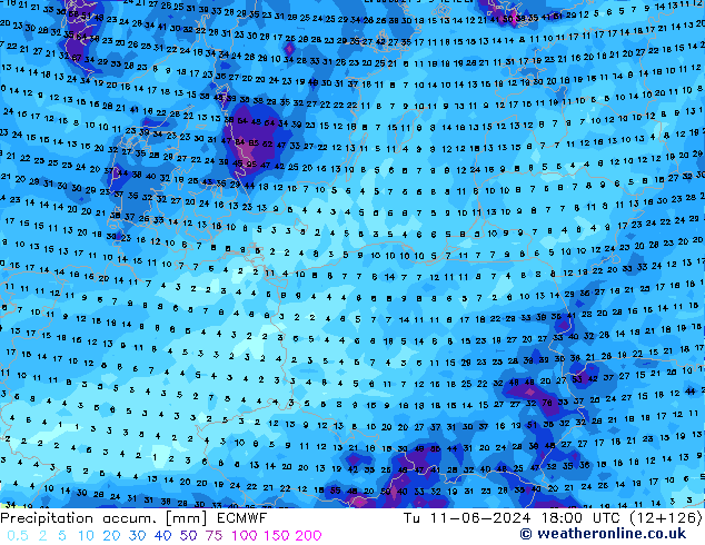 Precipitation accum. ECMWF mar 11.06.2024 18 UTC