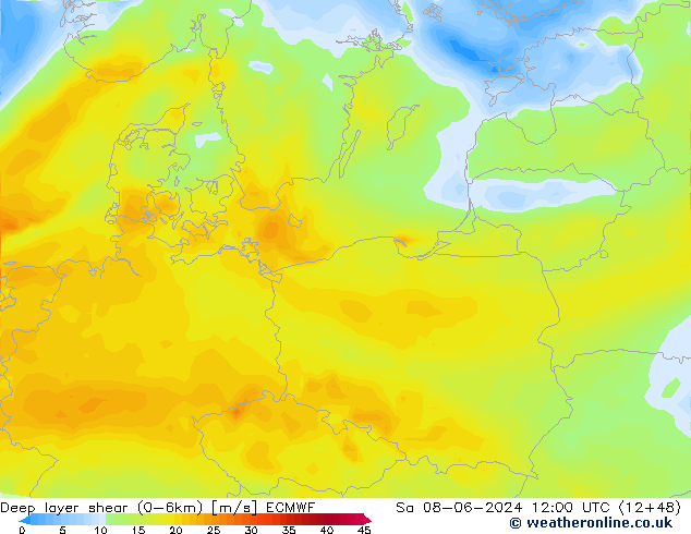 Deep layer shear (0-6km) ECMWF So 08.06.2024 12 UTC