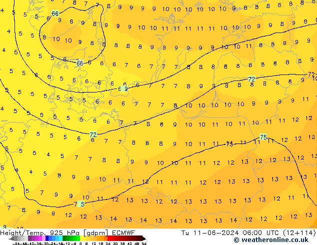 Height/Temp. 925 hPa ECMWF Ter 11.06.2024 06 UTC