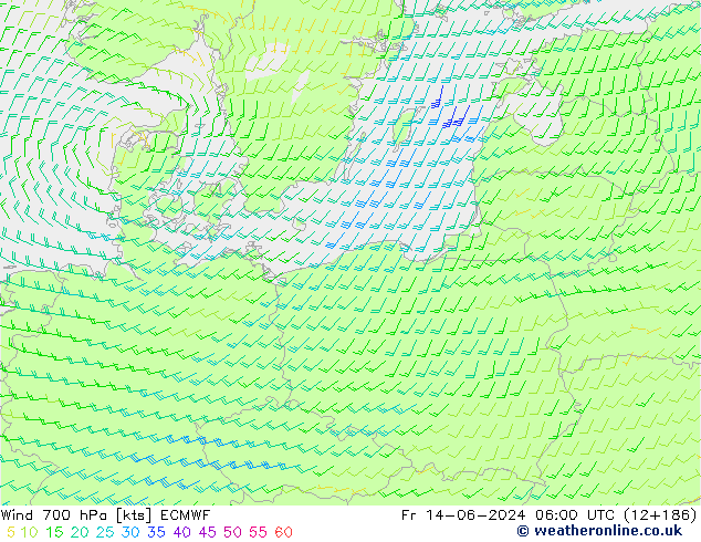 Vento 700 hPa ECMWF ven 14.06.2024 06 UTC