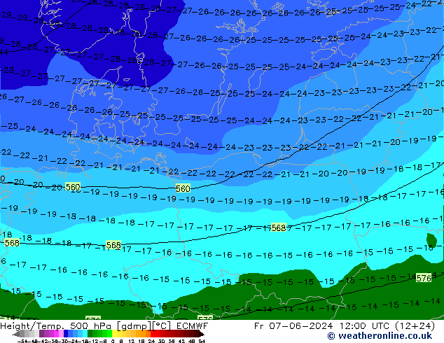 Height/Temp. 500 гПа ECMWF пт 07.06.2024 12 UTC