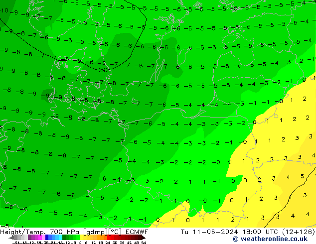 Hoogte/Temp. 700 hPa ECMWF di 11.06.2024 18 UTC