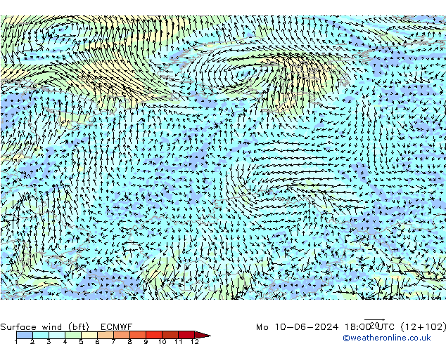 wiatr 10 m (bft) ECMWF pon. 10.06.2024 18 UTC