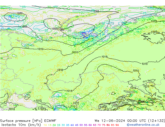 Isotaca (kph) ECMWF mié 12.06.2024 00 UTC