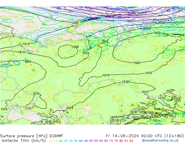 Isotachs (kph) ECMWF Sex 14.06.2024 00 UTC