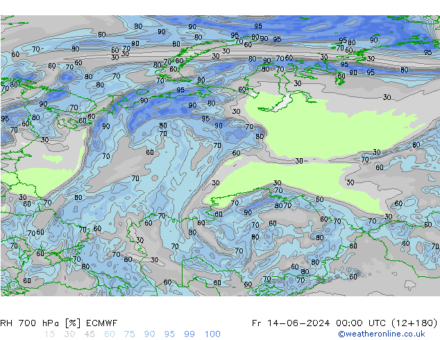 RH 700 hPa ECMWF Sex 14.06.2024 00 UTC