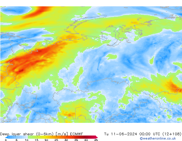 Deep layer shear (0-6km) ECMWF Tu 11.06.2024 00 UTC
